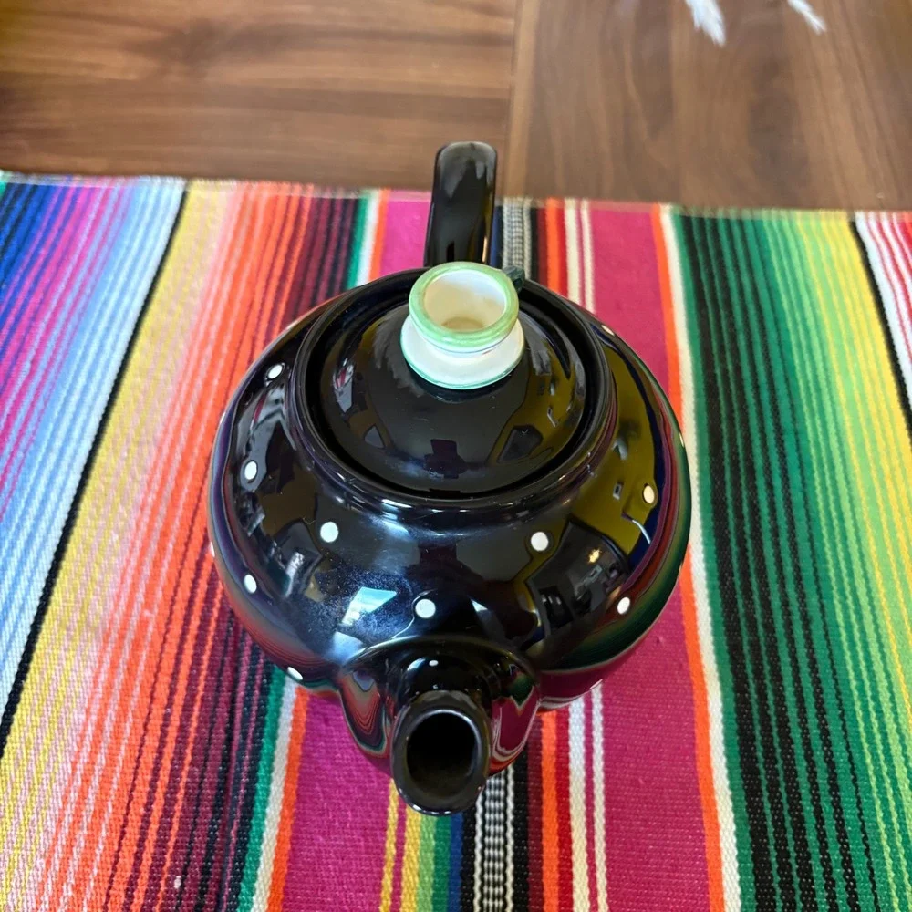 Department 56 Tea Party Black Polka Dot Ceramic Teapot with Teacup Lid Finial